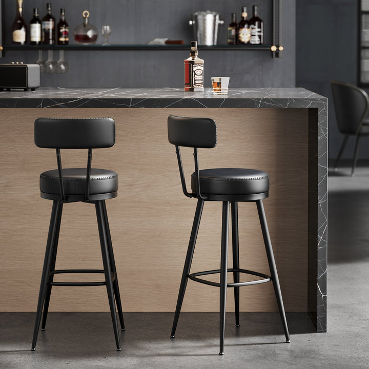 Sæt med 2 styks stilsikre barstole med 360° drejefunktion, kunstlæder, sort