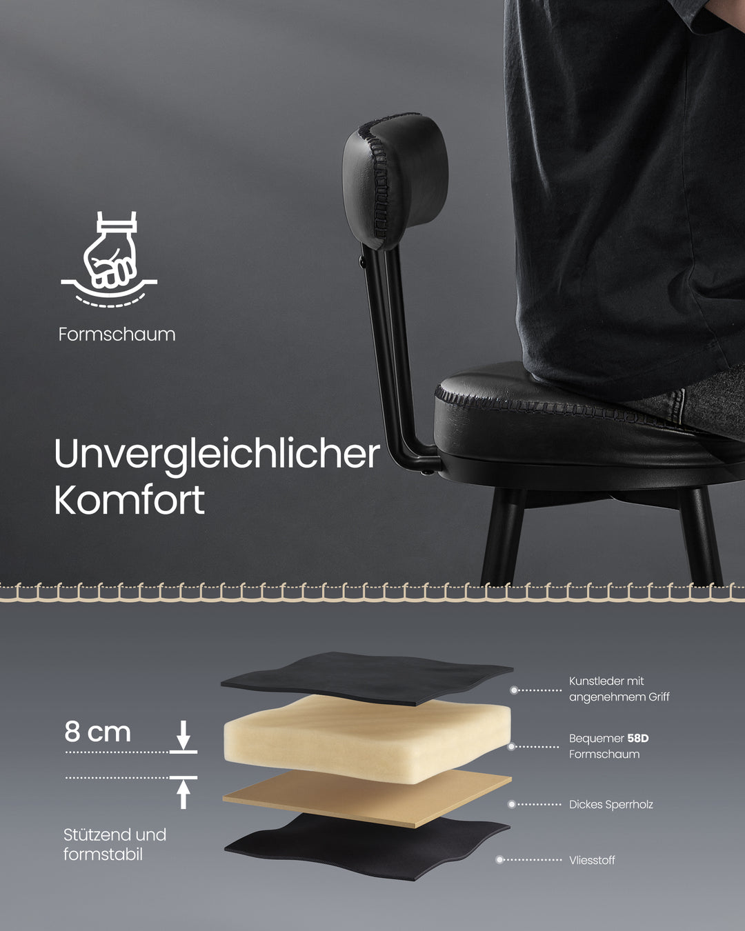 Sæt med 2 styks stilsikre barstole med 360° drejefunktion, kunstlæder, sort