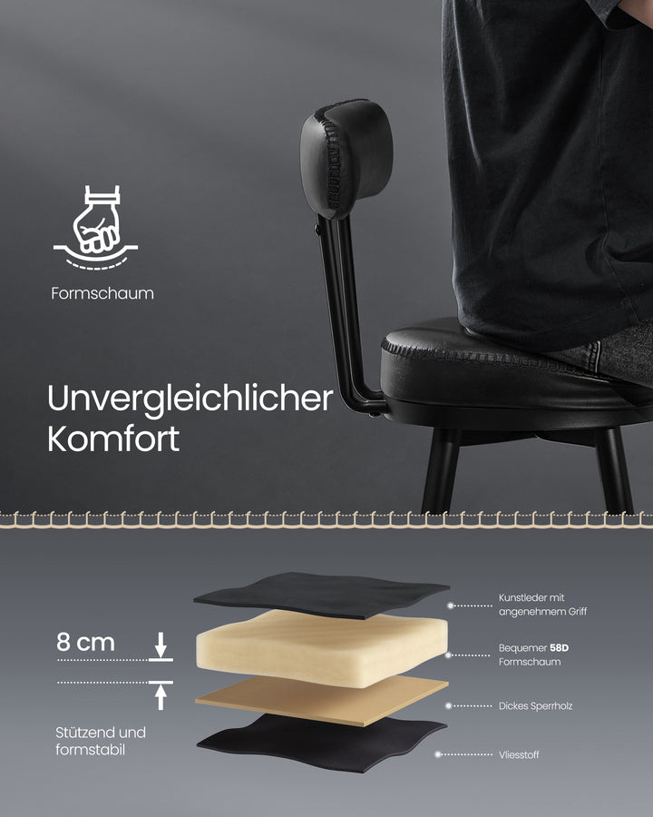 Sæt med 2 styks stilsikre barstole med 360° drejefunktion, kunstlæder, sort