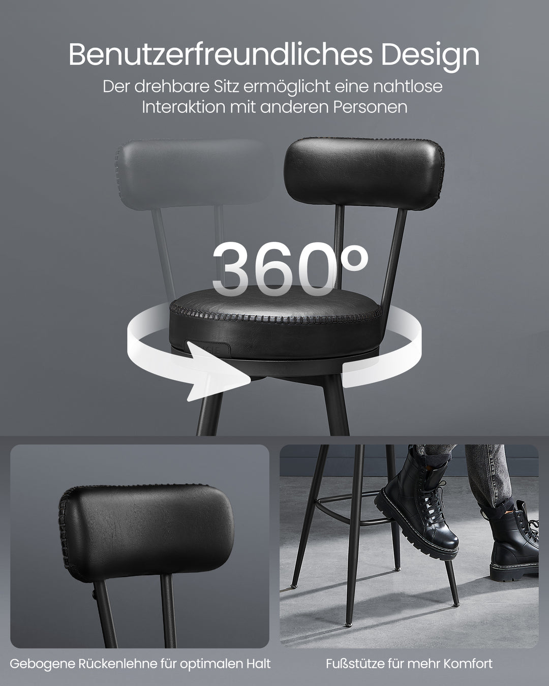 Sæt med 2 styks stilsikre barstole med 360° drejefunktion, kunstlæder, sort