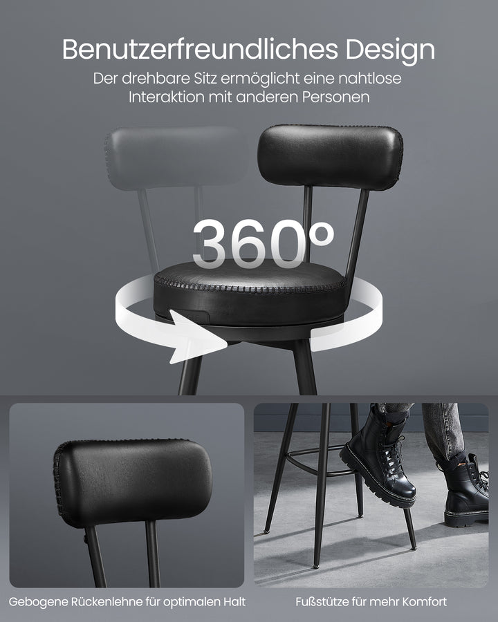 Sæt med 2 styks stilsikre barstole med 360° drejefunktion, kunstlæder, sort