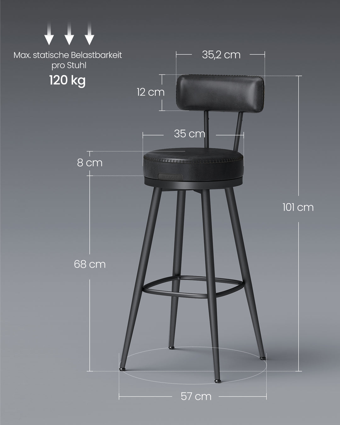 Sæt med 2 styks stilsikre barstole med 360° drejefunktion, kunstlæder, sort