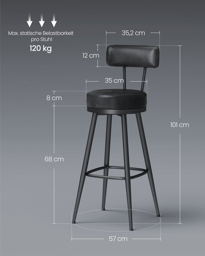 Sæt med 2 styks stilsikre barstole med 360° drejefunktion, kunstlæder, sort