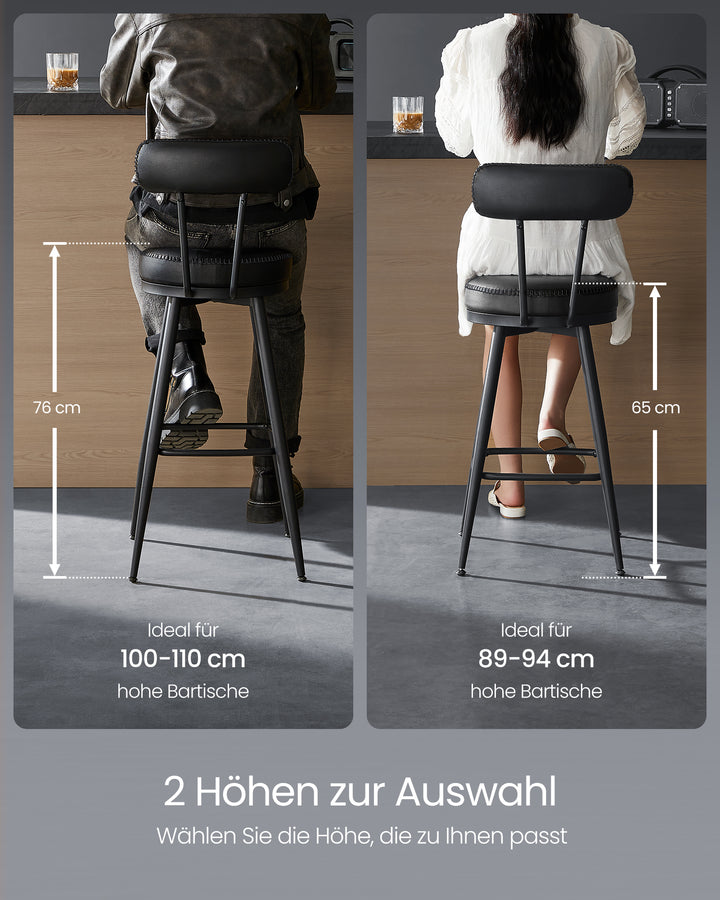 Sæt med 2 styks stilsikre barstole med 360° drejefunktion, kunstlæder, sort