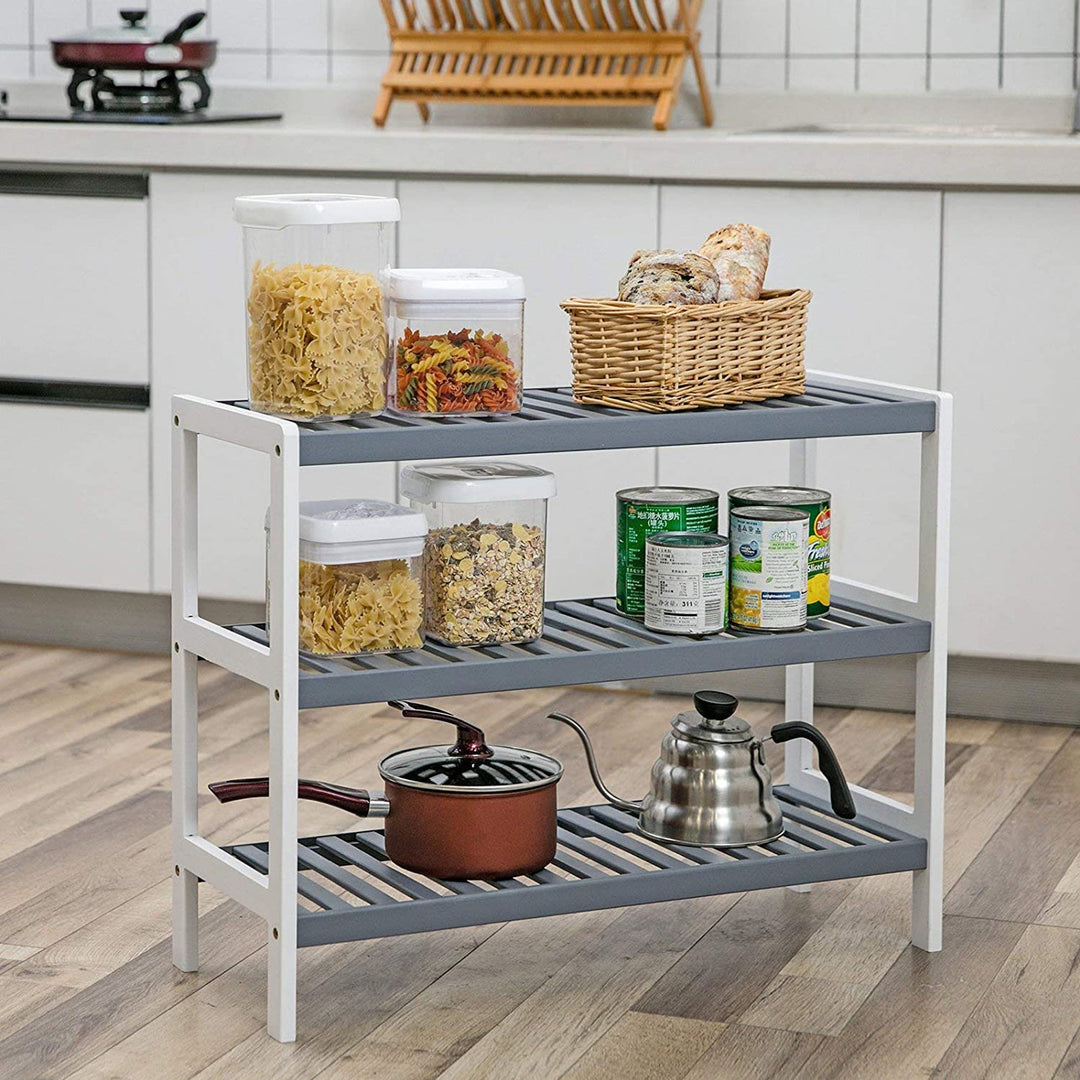 Skoreol / skobænk med 3 hylder i bambus, farver hvid/grå, mål: B70 x D26 x H55 cm