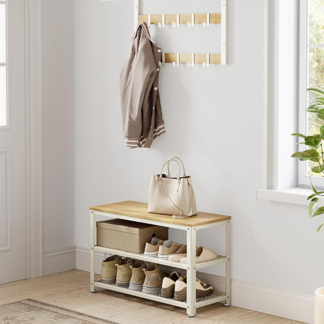 Skobænk med 2 hylder, industrielt design i egetræsbeige og klassisk hvid, 30 x 73 x 45 cm