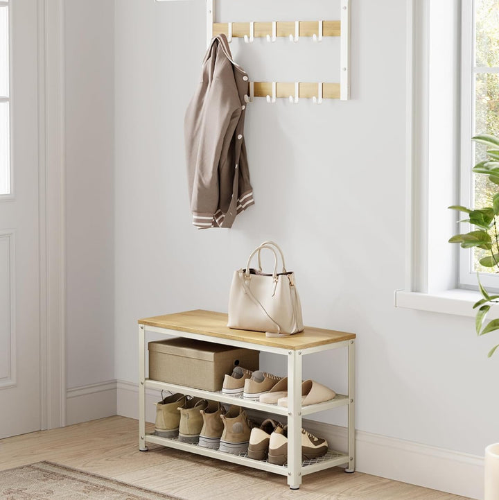 Skobænk med 2 hylder, industrielt design i egetræsbeige og klassisk hvid, 30 x 73 x 45 cm