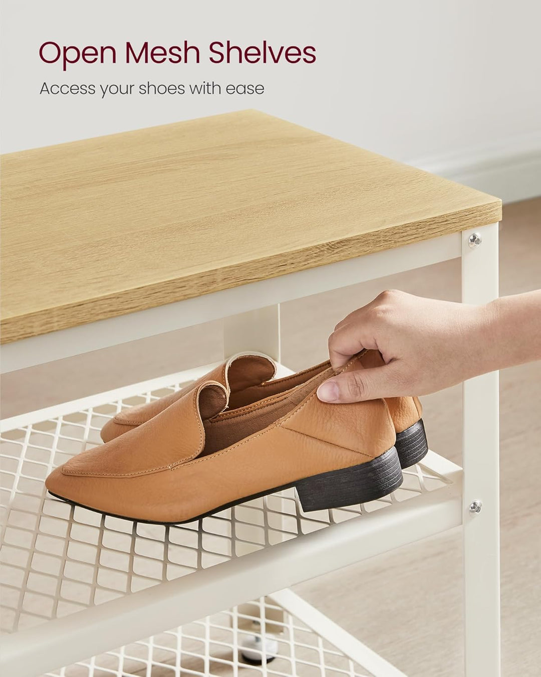 Skobænk med 2 hylder, industrielt design i egetræsbeige og klassisk hvid, 30 x 73 x 45 cm