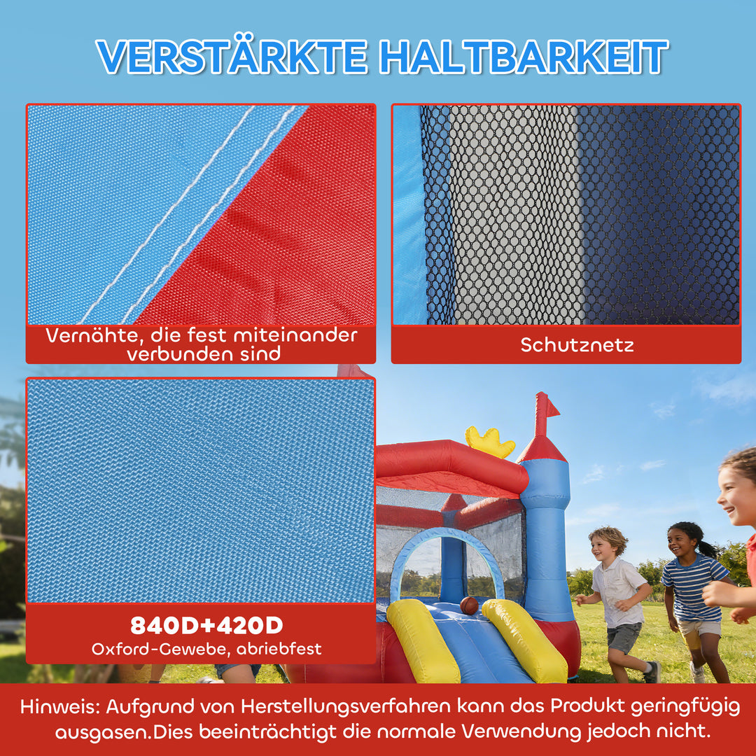 Oppusteligt hoppeborg med blæser, rutsjebane, trampolin, børnebassin/boldbassin, vandpistol, 342x255x209 cm, blå