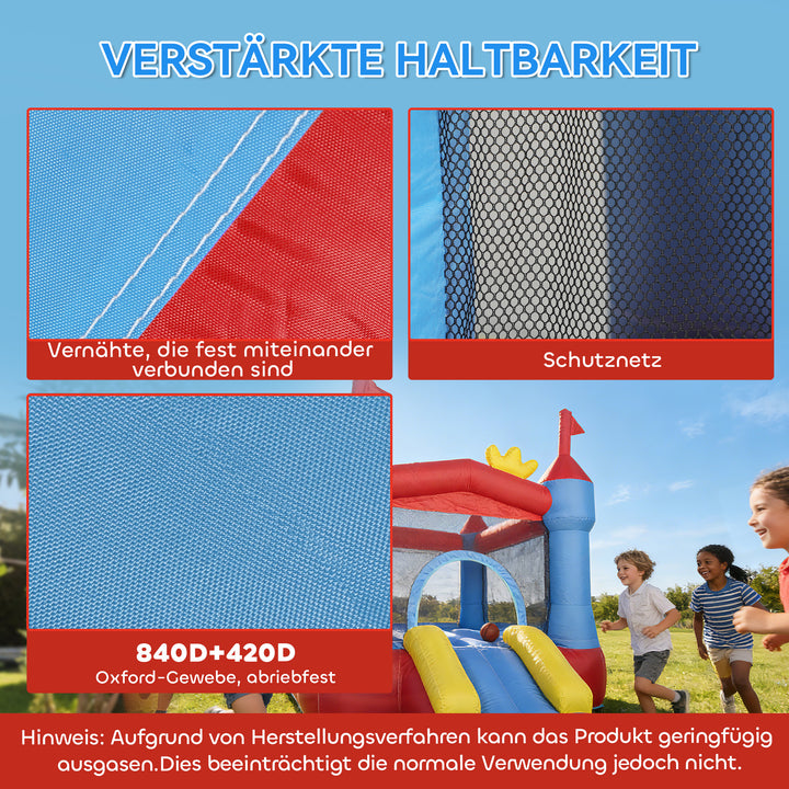 Oppusteligt hoppeborg med blæser, rutsjebane, trampolin, børnebassin/boldbassin, vandpistol, 342x255x209 cm, blå