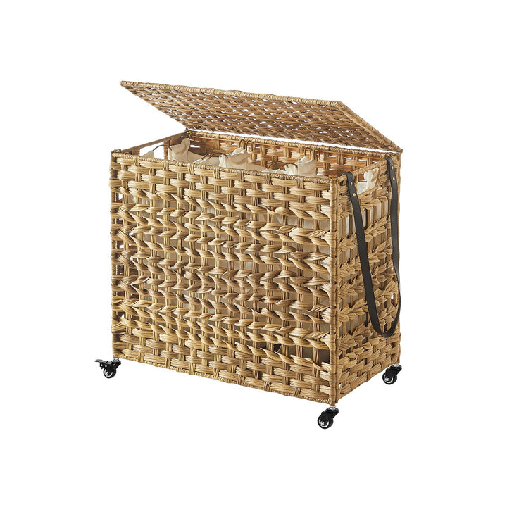 Håndvævet vasketøjskurv med låg, vasketøjskurv i rotting-stil med 3 separate rum, håndtag, aftagelige indersække,  naturfarvet