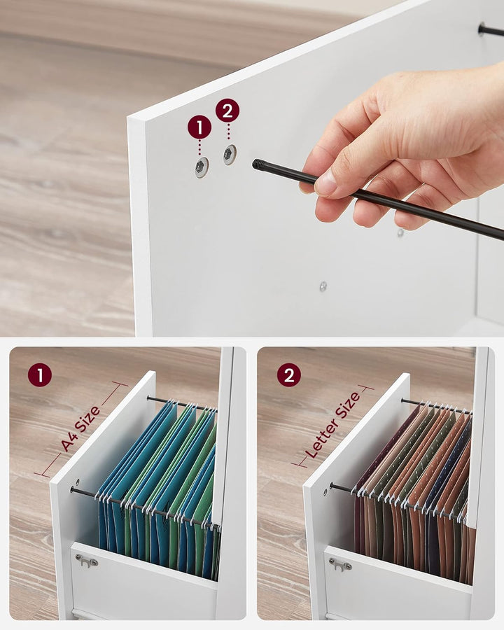 2-skuffers arkivskab med lås, hvidt, låsbart og mobil opbevaringsmøbel med justerbare skinner til A4 og brevstørrelse, mål ca. 45 x 43 x 72 cm