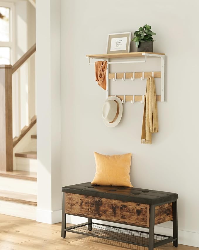 Væghængt knagerække i egetræsfarve og hvid med 10 aftagelige kroge, tøjstang og hylde, mål 30 x 65 x 42 cm