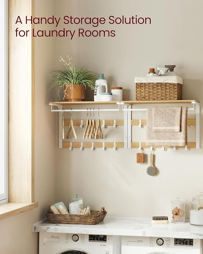 Væghængt knagerække i egetræsfarve og hvid med 10 aftagelige kroge, tøjstang og hylde, mål 30 x 65 x 42 cm