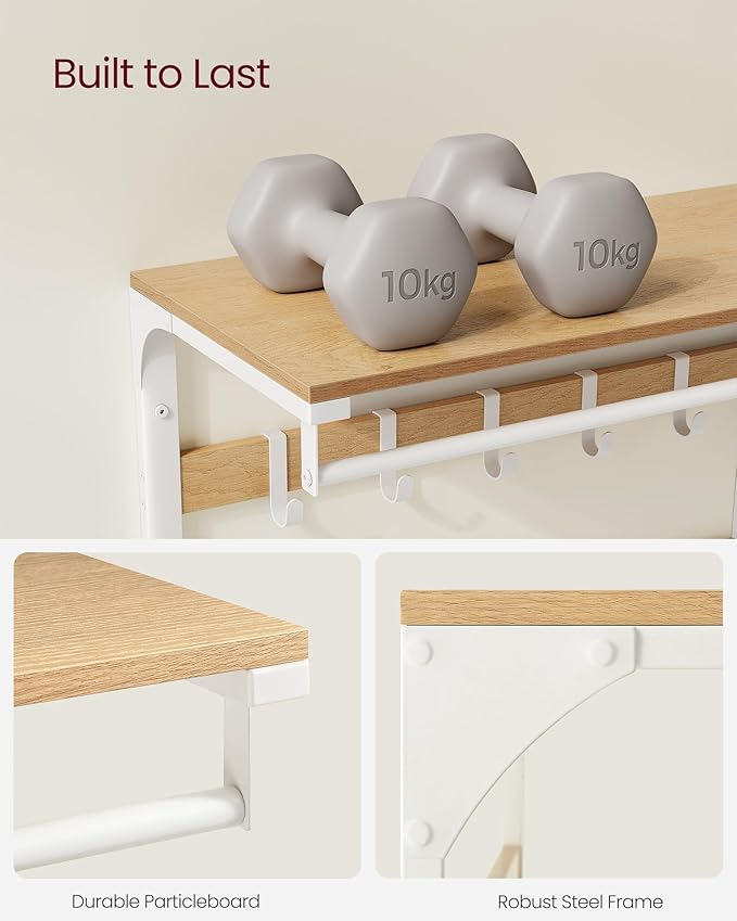 Væghængt knagerække i egetræsfarve og hvid med 10 aftagelige kroge, tøjstang og hylde, mål 30 x 65 x 42 cm