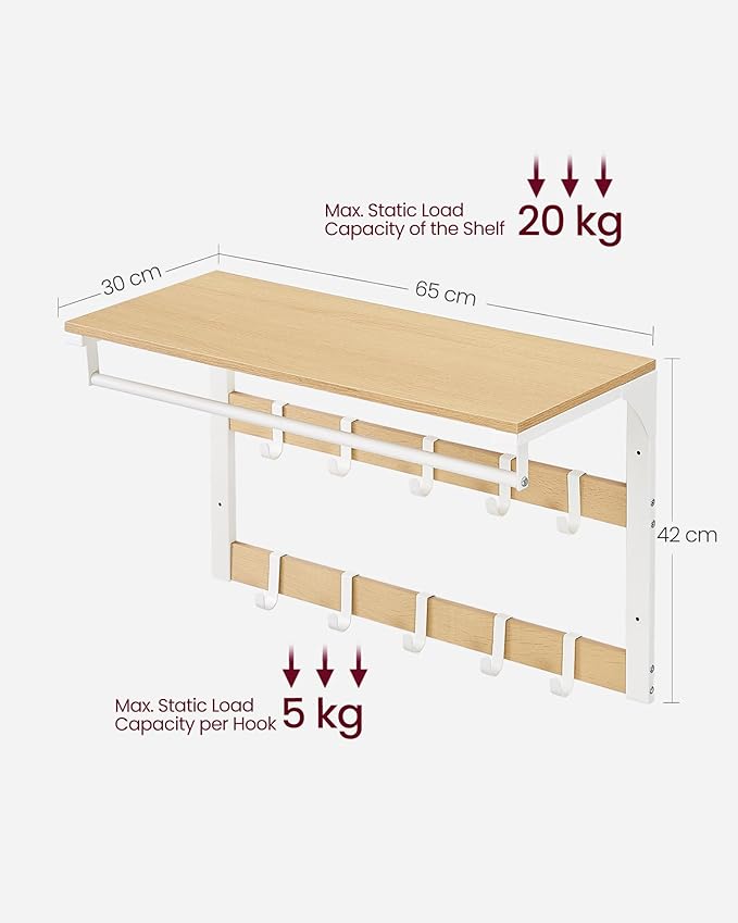 Væghængt knagerække i egetræsfarve og hvid med 10 aftagelige kroge, tøjstang og hylde, mål 30 x 65 x 42 cm