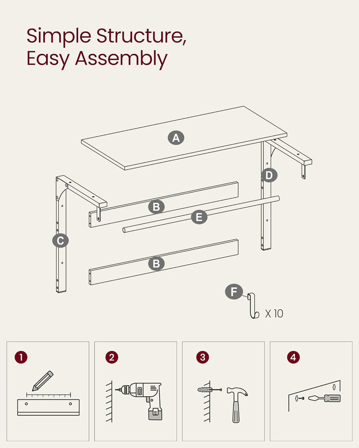 Væghængt knagerække i egetræsfarve og hvid med 10 aftagelige kroge, tøjstang og hylde, mål 30 x 65 x 42 cm