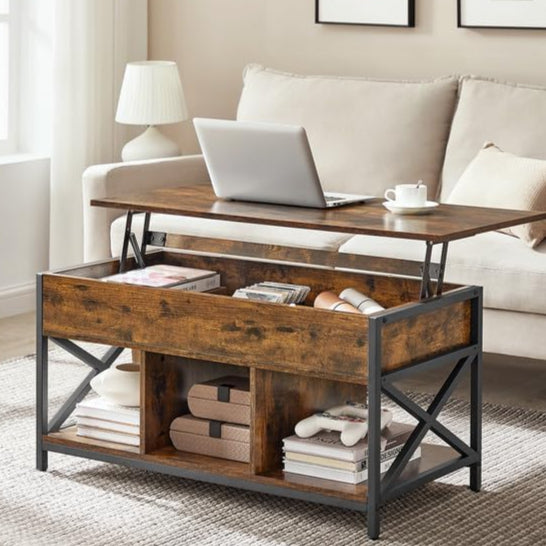 Lift-top sofabord i rustik brun og sort, med hævefunktion, skjulte rum og opbevaringshylde, mål 50 x 100 x (49-62) cm