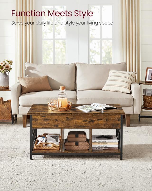 Lift-top sofabord i rustik brun og sort, med hævefunktion, skjulte rum og opbevaringshylde, mål 50 x 100 x (49-62) cm