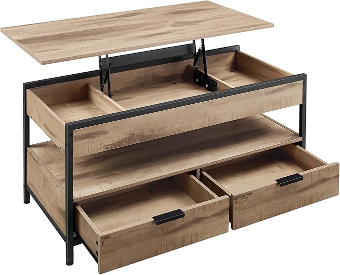 Sofabord med hævefunktion, opbevaringsskuffer, skjulte rum og åben hylde. Mål: 50 x 100 x 63 cm, camel brown og blæk sort