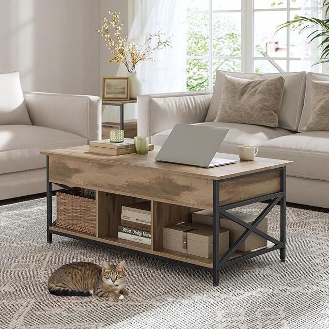 Sofabord med hævefunktion, opbevaringsskuffer, skjulte rum og åben hylde. Mål: 50 x 100 x 63 cm, camel brown og blæk sort