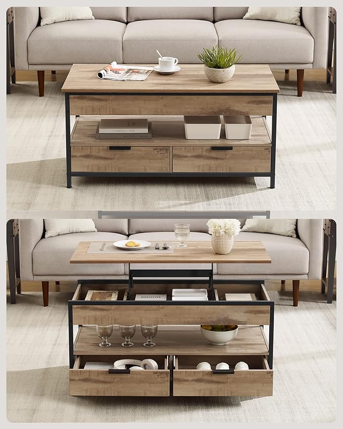 Sofabord med hævefunktion, opbevaringsskuffer, skjulte rum og åben hylde. Mål: 50 x 100 x 63 cm, camel brown og blæk sort