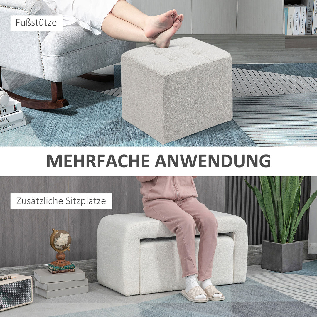 Fodskammelsæt 3-delt fodskammel med knapsøm, 89 cm x 42,5 cm x 45 cm, cremefarvet