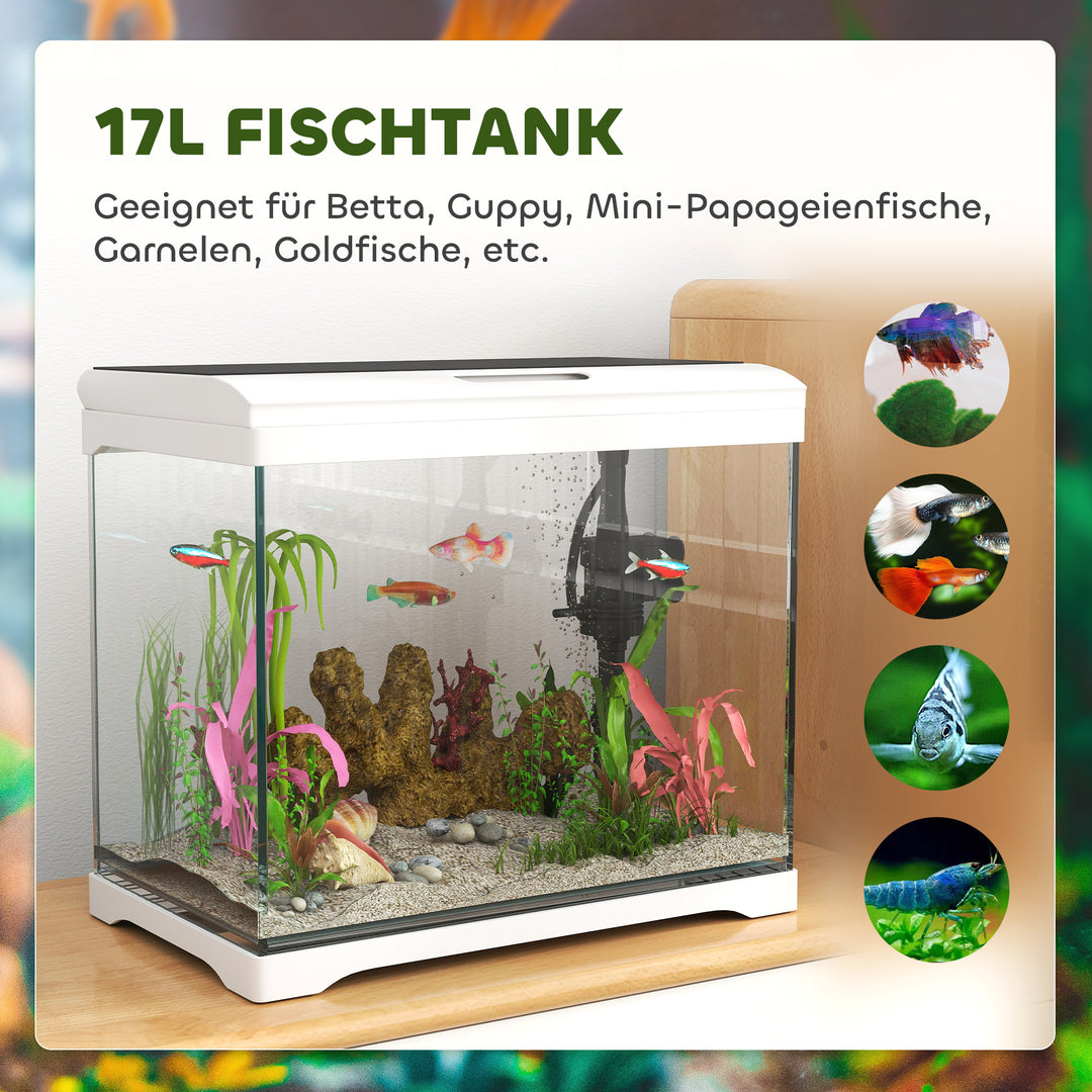 Akvarium, 17 l tropisk fisketank, nem vedligeholdelse, frit udsyn, med led-lys, 35l x 21b x 31h cm, hvid+sort