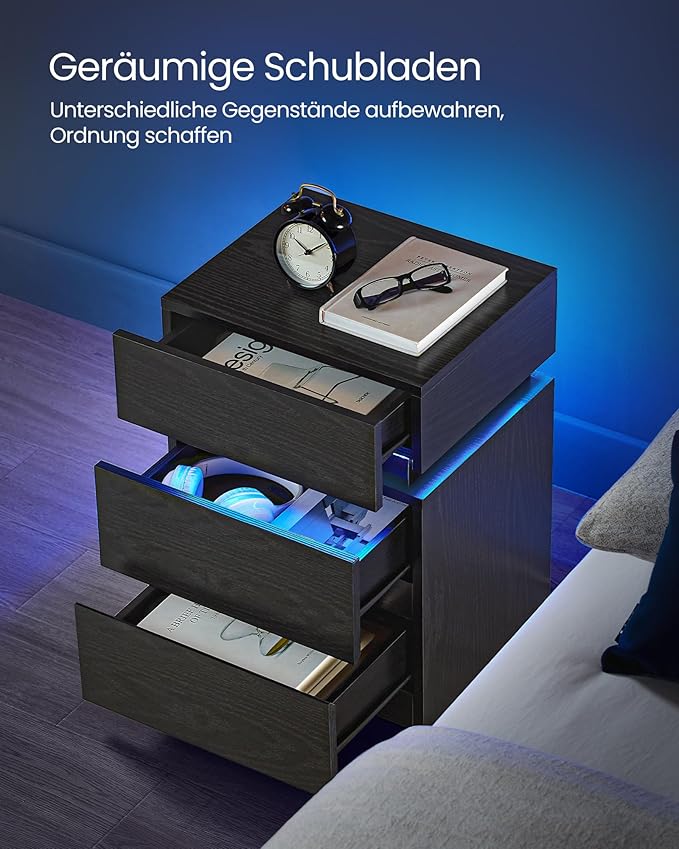 Sengebord med justerbar LED-belysning, 35 x 40 x 55 cm, sort