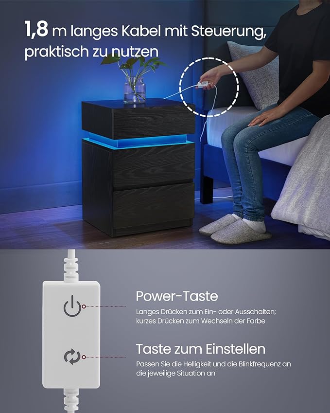 Sengebord med justerbar LED-belysning, 35 x 40 x 55 cm, sort