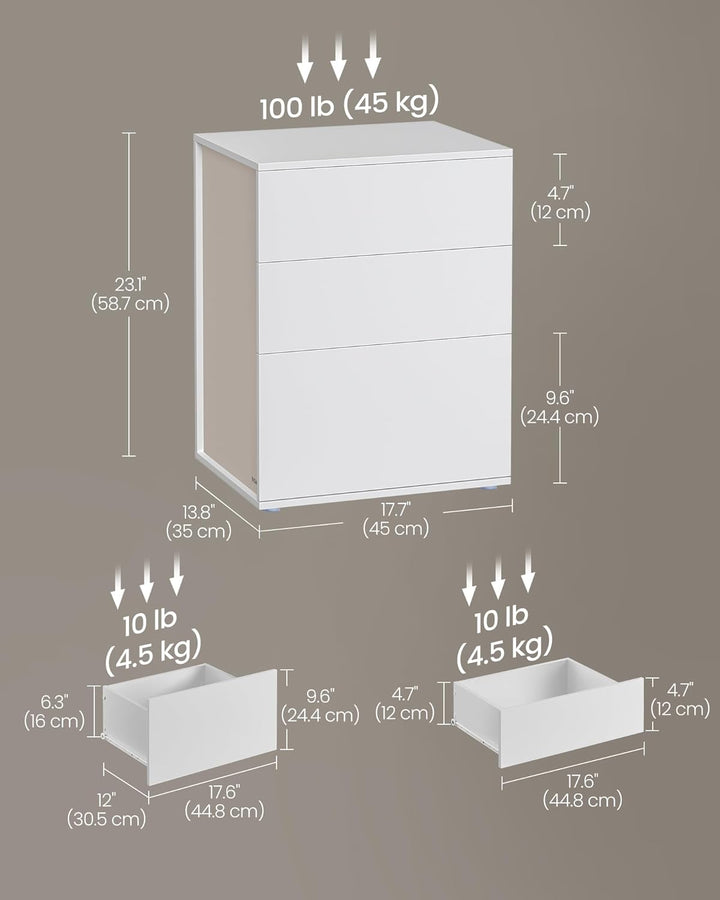 Natbord med 3 opbevaringsskuffer, moderne minimalistisk design i mat hvid og cappuccino beige, mål: 35 x 45 x 58,7 cm
