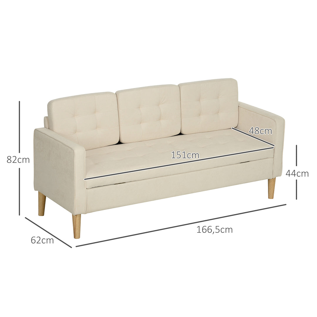 3-Personers sofa med opbevaringsplads, knapsyninger, polstret sofa, 166,5 x 62 x 82 cm, cremehvid