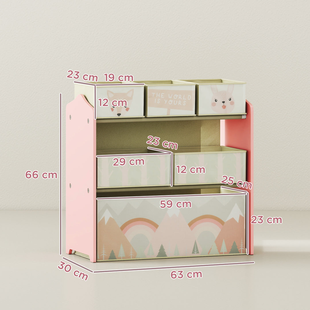 Børnegarderobe med 6 stofkasser, sødt design, 63x30x66 cm, lyserød