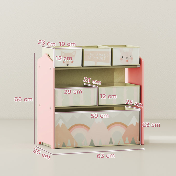 Børnegarderobe med 6 stofkasser, sødt design, 63x30x66 cm, lyserød