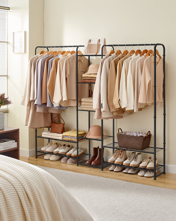 Fritstående tøjstativ med metalramme, opbevaringshylder, mat sort, mål ca. 165 x 190 cm (B x H)