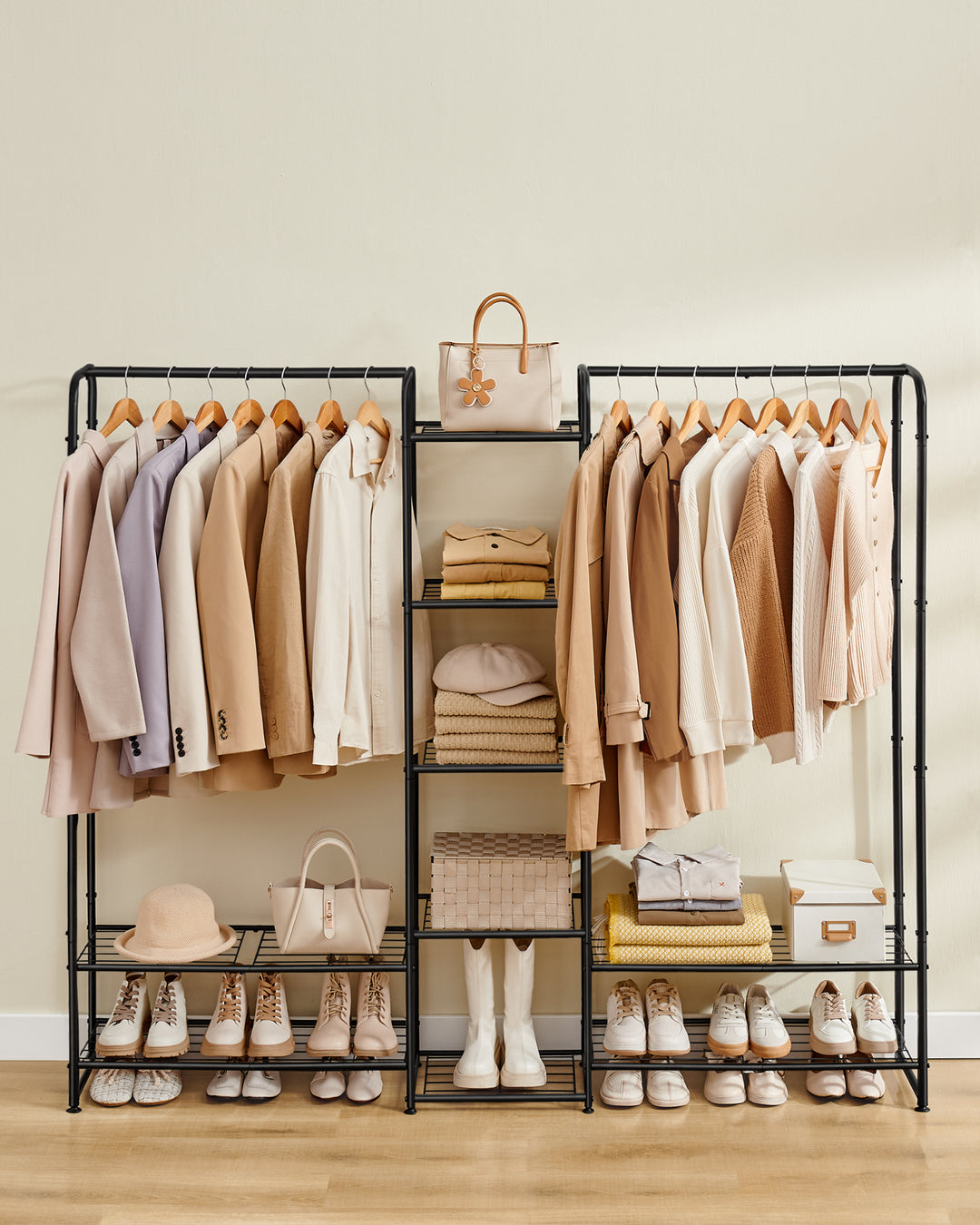 Fritstående tøjstativ med metalramme, opbevaringshylder, mat sort, mål ca. 165 x 190 cm (B x H)