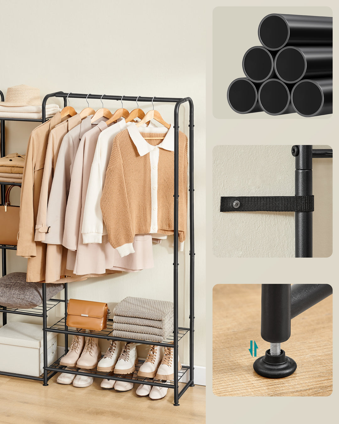 Fritstående tøjstativ med metalramme, opbevaringshylder, mat sort, mål ca. 165 x 190 cm (B x H)