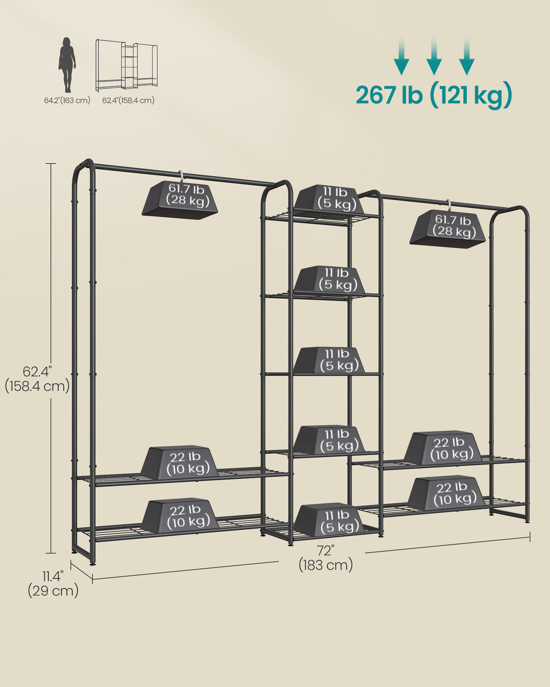 Fritstående tøjstativ med metalramme, opbevaringshylder, mat sort, mål ca. 165 x 190 cm (B x H)