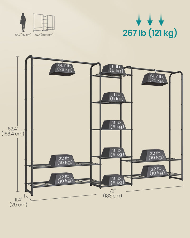 Fritstående tøjstativ med metalramme, opbevaringshylder, mat sort, mål ca. 165 x 190 cm (B x H)