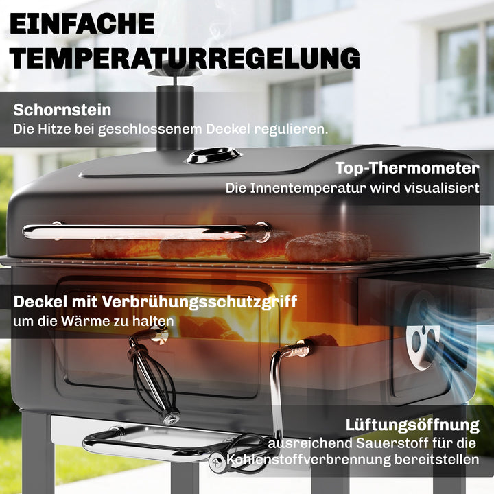 Kulgrill BBQ-ryger med låg, termometer, højdejusterbar kulpande, skorsten, grillrist, sidebord, askeskuffe