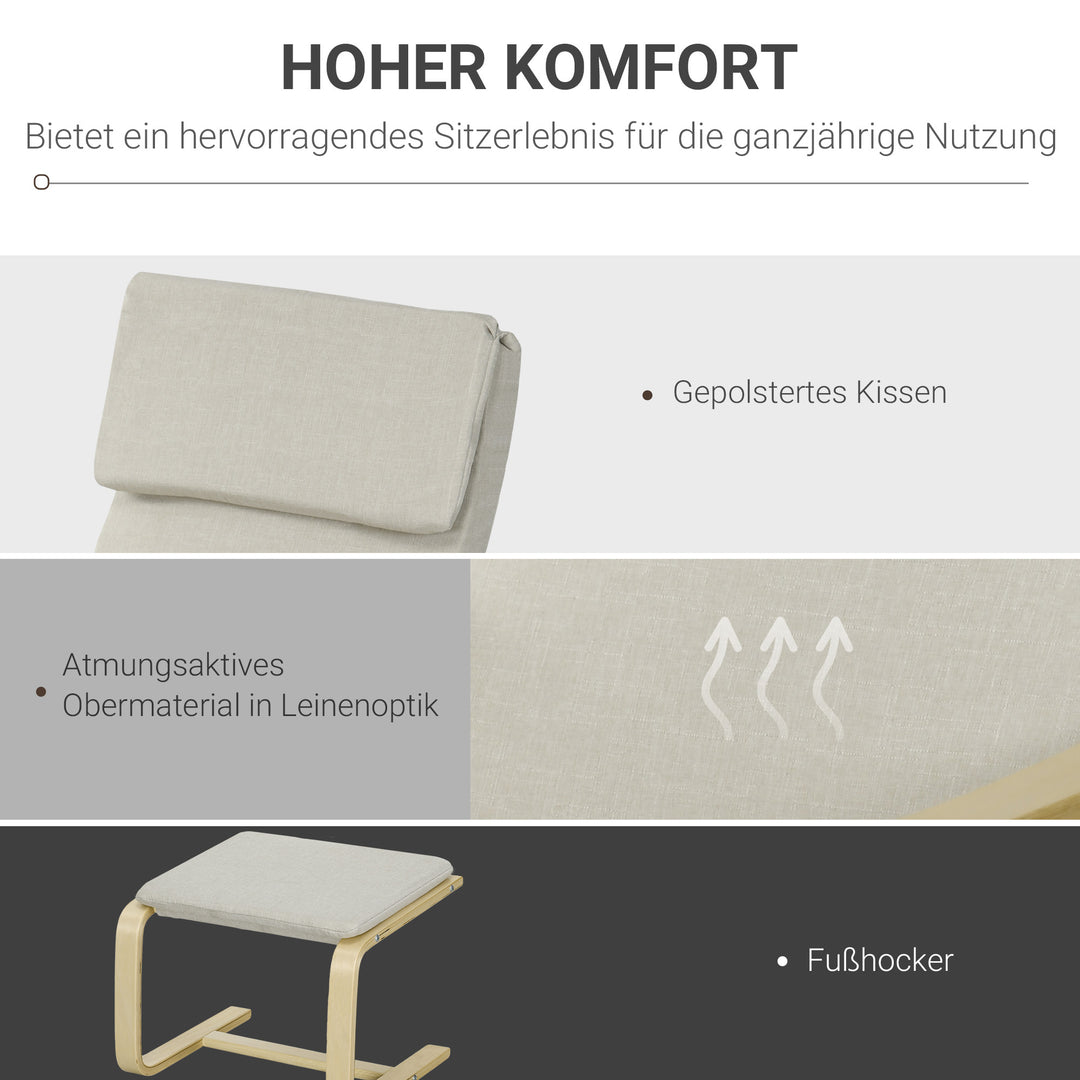 Loungestol med fodskammel, betræk i hørlook, træstel, op til 120 kg, cremehvid/natur