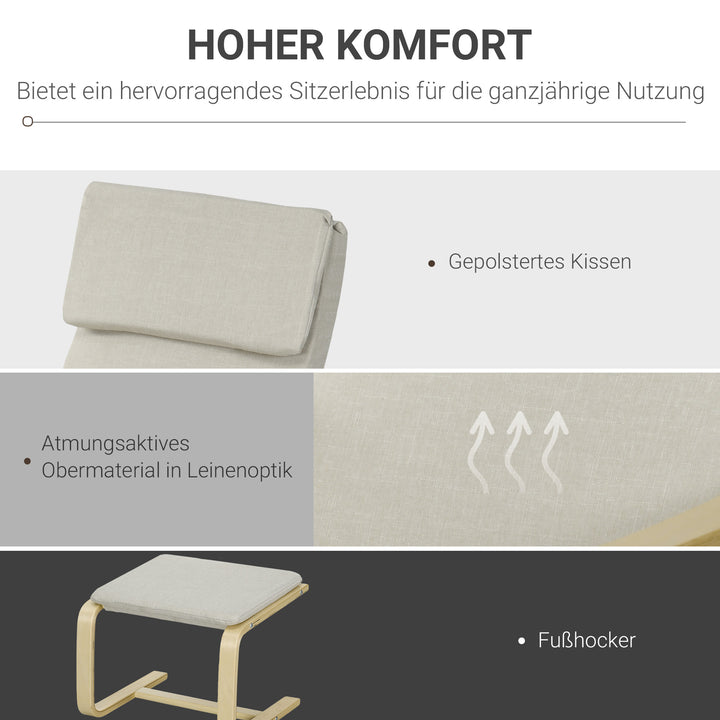 Loungestol med fodskammel, betræk i hørlook, træstel, op til 120 kg, cremehvid/natur