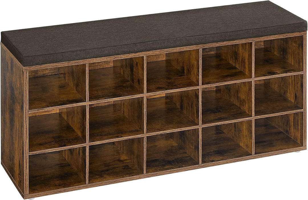 Skobænk med sæde og 15 åbne opbevaringsrum, mål 30 x 105 x 48 cm, i rustik brun