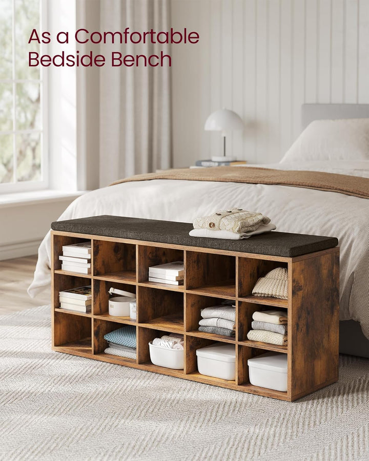 Skobænk med sæde og 15 åbne opbevaringsrum, mål 30 x 105 x 48 cm, i rustik brun