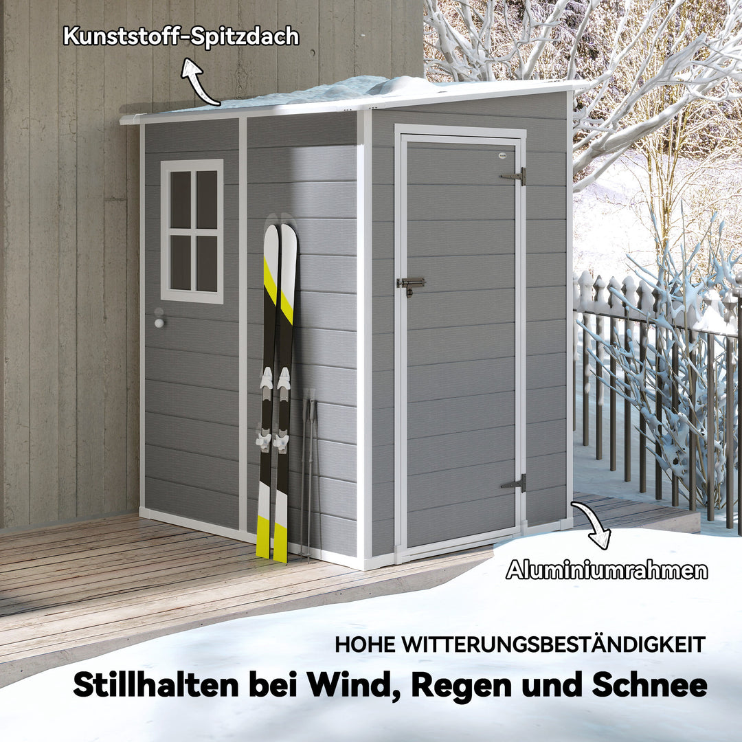 Haveskur, dør med lås, vindue for dagslys og ventilation, aluminium, 122 x 149 x 192/177 cm grå