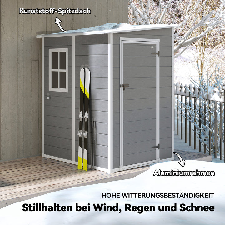 Haveskur, dør med lås, vindue for dagslys og ventilation, aluminium, 122 x 149 x 192/177 cm grå