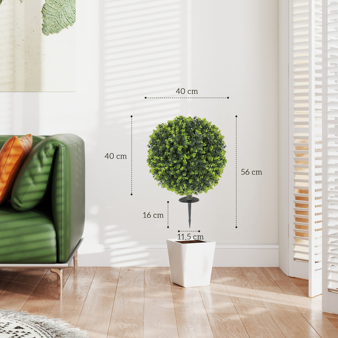 Sæt med 2 kunstige planter, kunstige buksbomkugler med jordpæl, til indendørs og udendørs brug, UV-bestandig, grøn