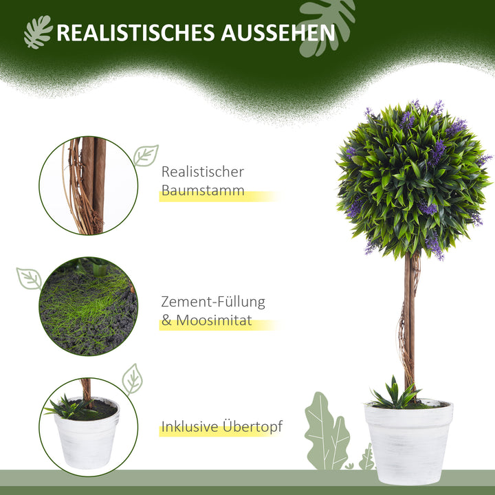 Sæt med 2 kunstige planter inklusive potte og kunstig mos, kunstige lavendelstængler, hvid + grøn + lilla