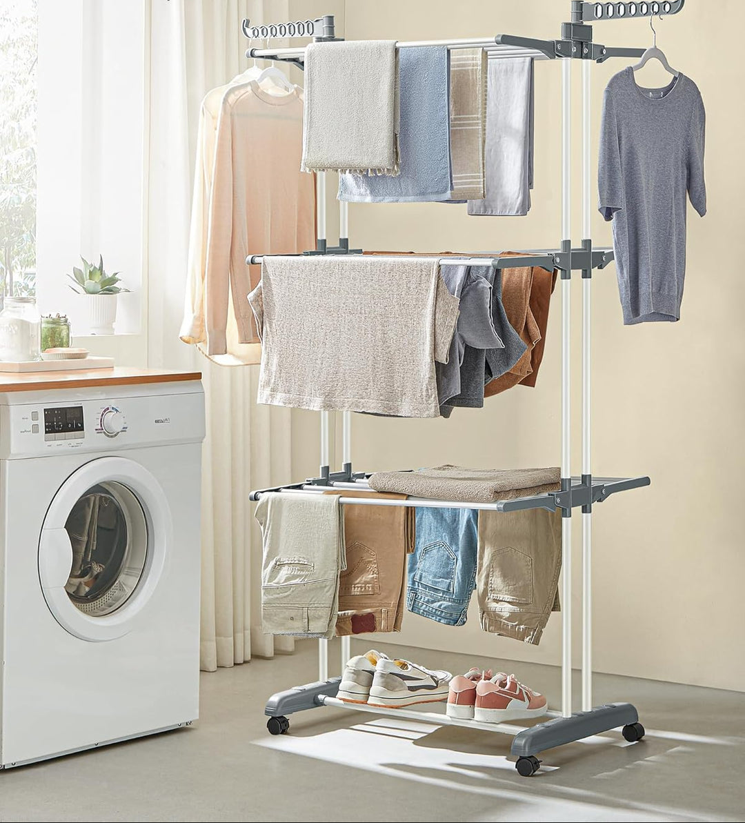 Flytbart tørrestativ med hjul, foldbart, 63,5 x 128 x 173 cm, stor kapacitet, nem at samle, hvid