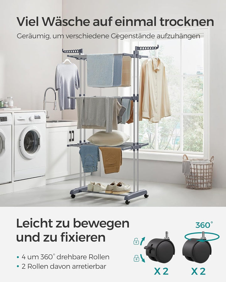 Foldbart tørrestativ med vinger og hjul, 63,5 x 128 x 173 cm, stort og nemt at samlem grå